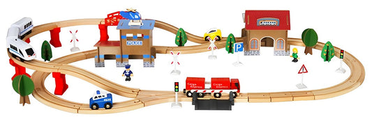 Pista Magnetica Multifunctionala din Lemn City Of Dreams idealSTORE, Formata din 88 de Elemente din lemn Natural, Include Heliport, Oameni, Copaci, Elicopter, Masini, Cladiri, Tren cu 2 Vagoane, Piese Slefuite fin din lemn, Dezvolta Imaginatia Copilului