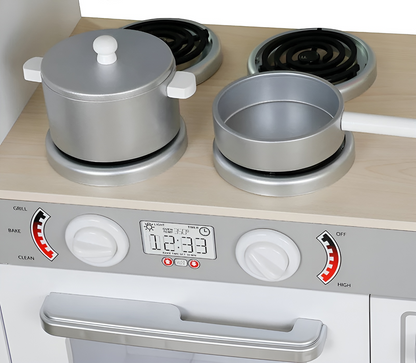 Bucatarie din lemn Little Master Chef idealSTORE, Dimensiuni 109 x 35 x 104 cm, Material MDF, Echipata cu Efecte luminoase, Utilata complet cu Accesorii, Frigider, Cuptor cu Microunde, Aparat de gheata, Masina de Spalat, Dezvolta imaginatia, Gray Edition