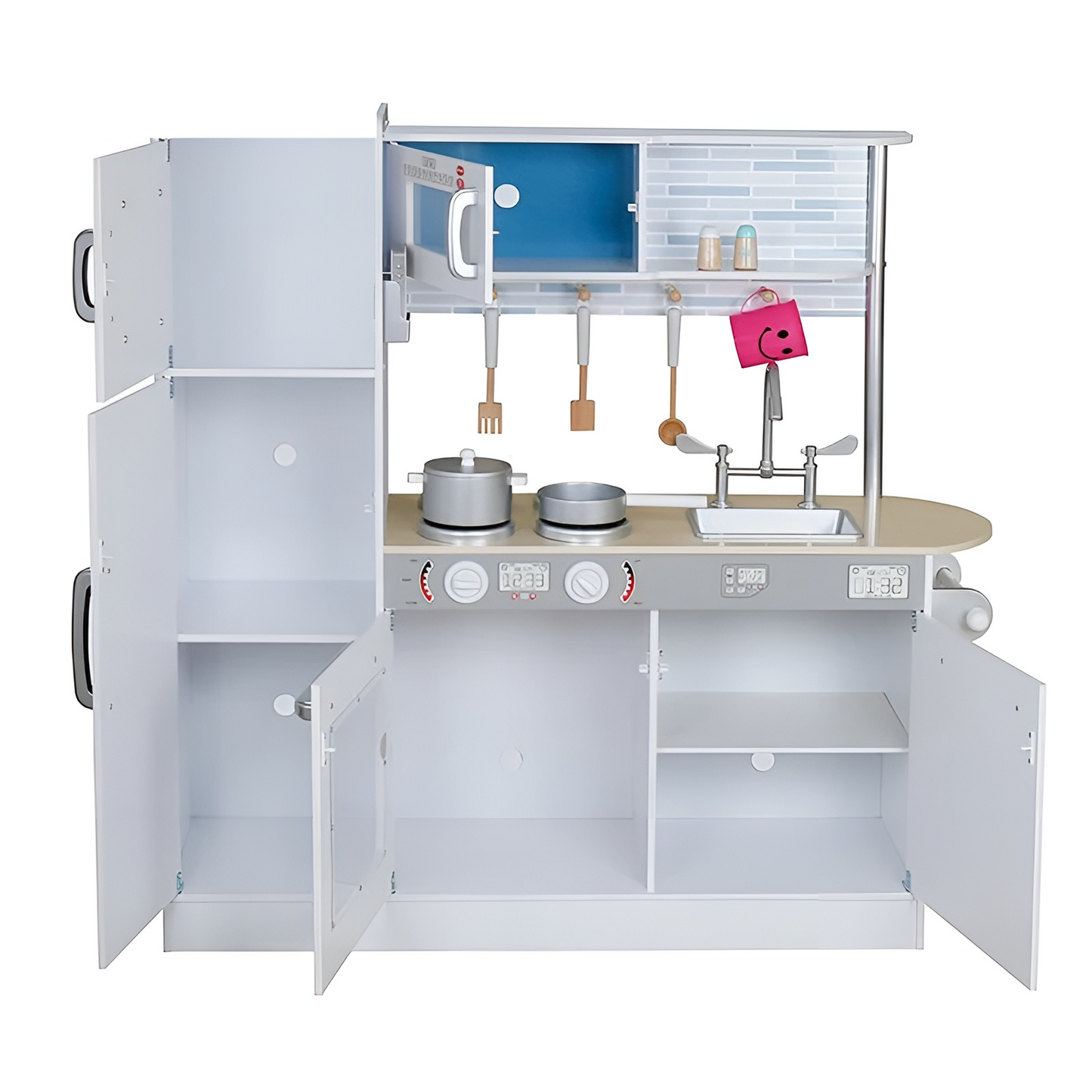 Bucatarie din lemn Little Master Chef idealSTORE, Dimensiuni 109 x 35 x 104 cm, Material MDF, Echipata cu Efecte luminoase, Utilata complet cu Accesorii, Frigider, Cuptor cu Microunde, Aparat de gheata, Masina de Spalat, Dezvolta imaginatia, Gray Edition