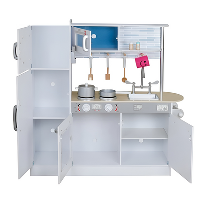 Bucatarie din lemn Little Master Chef idealSTORE, Dimensiuni 109 x 35 x 104 cm, Material MDF, Echipata cu Efecte luminoase, Utilata complet cu Accesorii, Frigider, Cuptor cu Microunde, Aparat de gheata, Masina de Spalat, Dezvolta imaginatia, Gray Edition