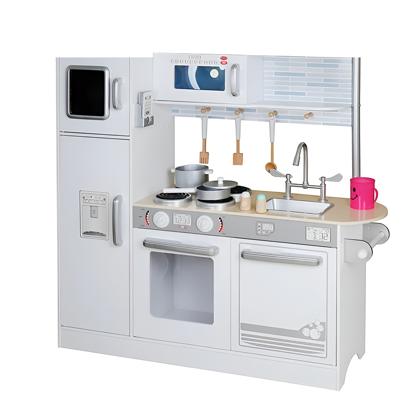 Bucatarie din lemn Little Master Chef idealSTORE, Dimensiuni 109 x 35 x 104 cm, Material MDF, Echipata cu Efecte luminoase, Utilata complet cu Accesorii, Frigider, Cuptor cu Microunde, Aparat de gheata, Masina de Spalat, Dezvolta imaginatia, Gray Edition