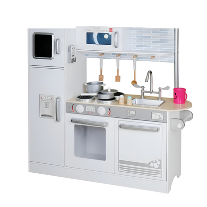 Bucatarie din lemn Little Master Chef idealSTORE, Dimensiuni 109 x 35 x 104 cm, Material MDF, Echipata cu Efecte luminoase, Utilata complet cu Accesorii, Frigider, Cuptor cu Microunde, Aparat de gheata, Masina de Spalat, Dezvolta imaginatia, Gray Edition