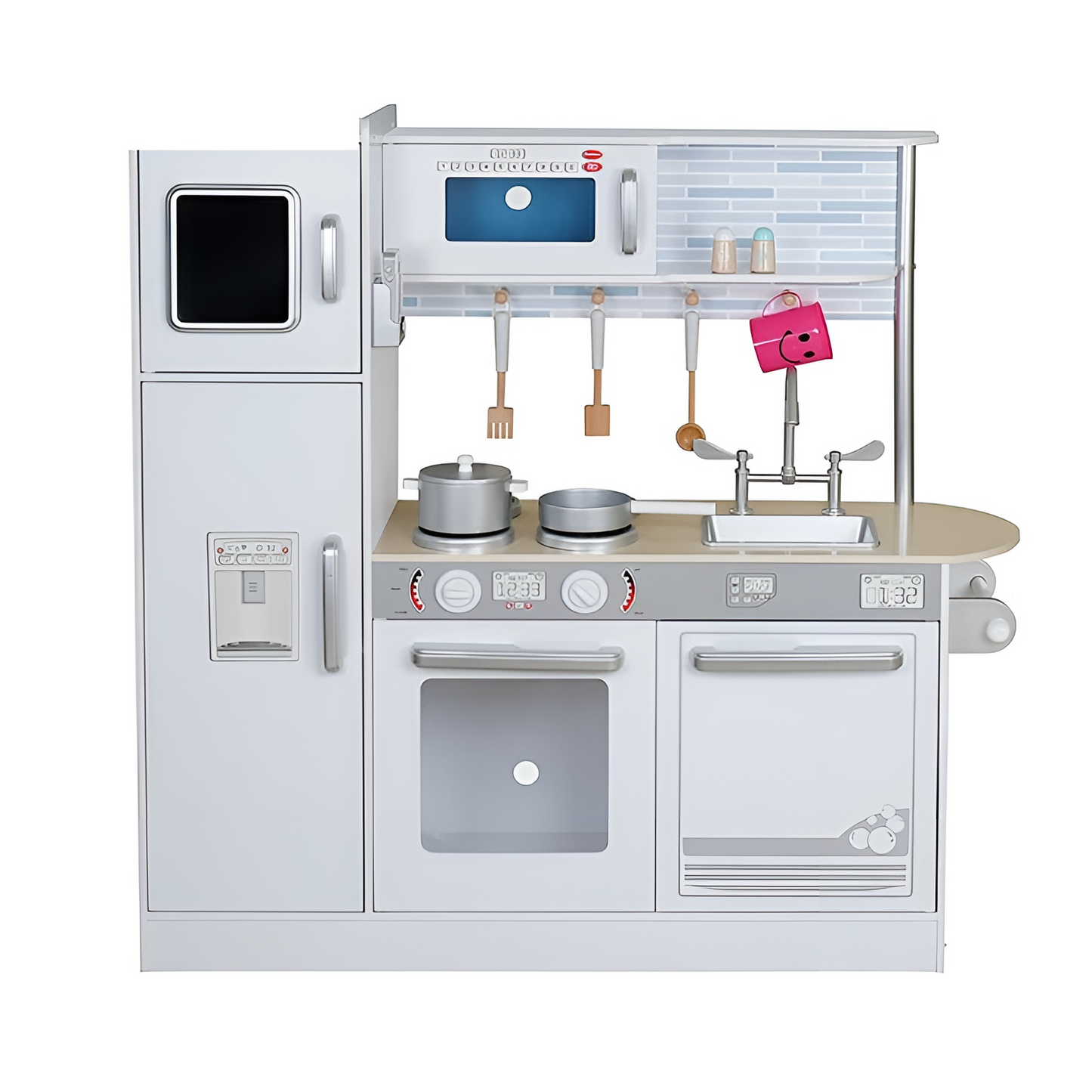 Bucatarie din lemn Little Master Chef idealSTORE, Dimensiuni 109 x 35 x 104 cm, Material MDF, Echipata cu Efecte luminoase, Utilata complet cu Accesorii, Frigider, Cuptor cu Microunde, Aparat de gheata, Masina de Spalat, Dezvolta imaginatia, Gray Edition