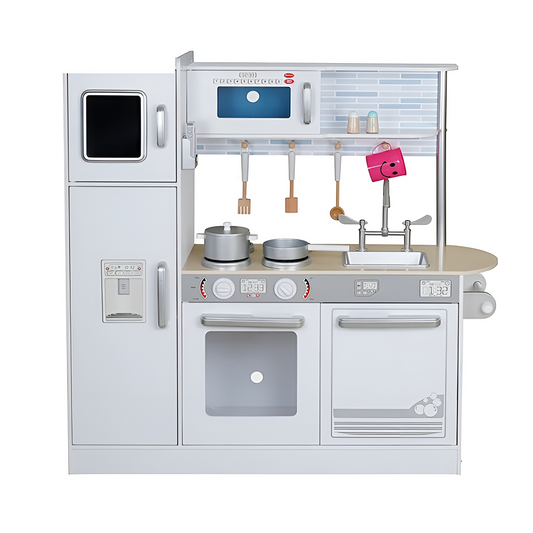 Bucatarie din lemn Little Master Chef idealSTORE, Dimensiuni 109 x 35 x 104 cm, Material MDF, Echipata cu Efecte luminoase, Utilata complet cu Accesorii, Frigider, Cuptor cu Microunde, Aparat de gheata, Masina de Spalat, Dezvolta imaginatia, Gray Edition