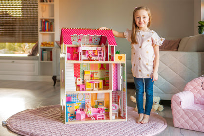 Casuta de papusi din lemn cu LIFT idealSTORE, MALIBU RESIDENCE DOLL, Dimensiuni 90 x 59 x 33 cm, 3 nivele independente cu un total de 5 camere, Include 16 piese de mobilier si 2 papusi, Toate intr-un decor de poveste