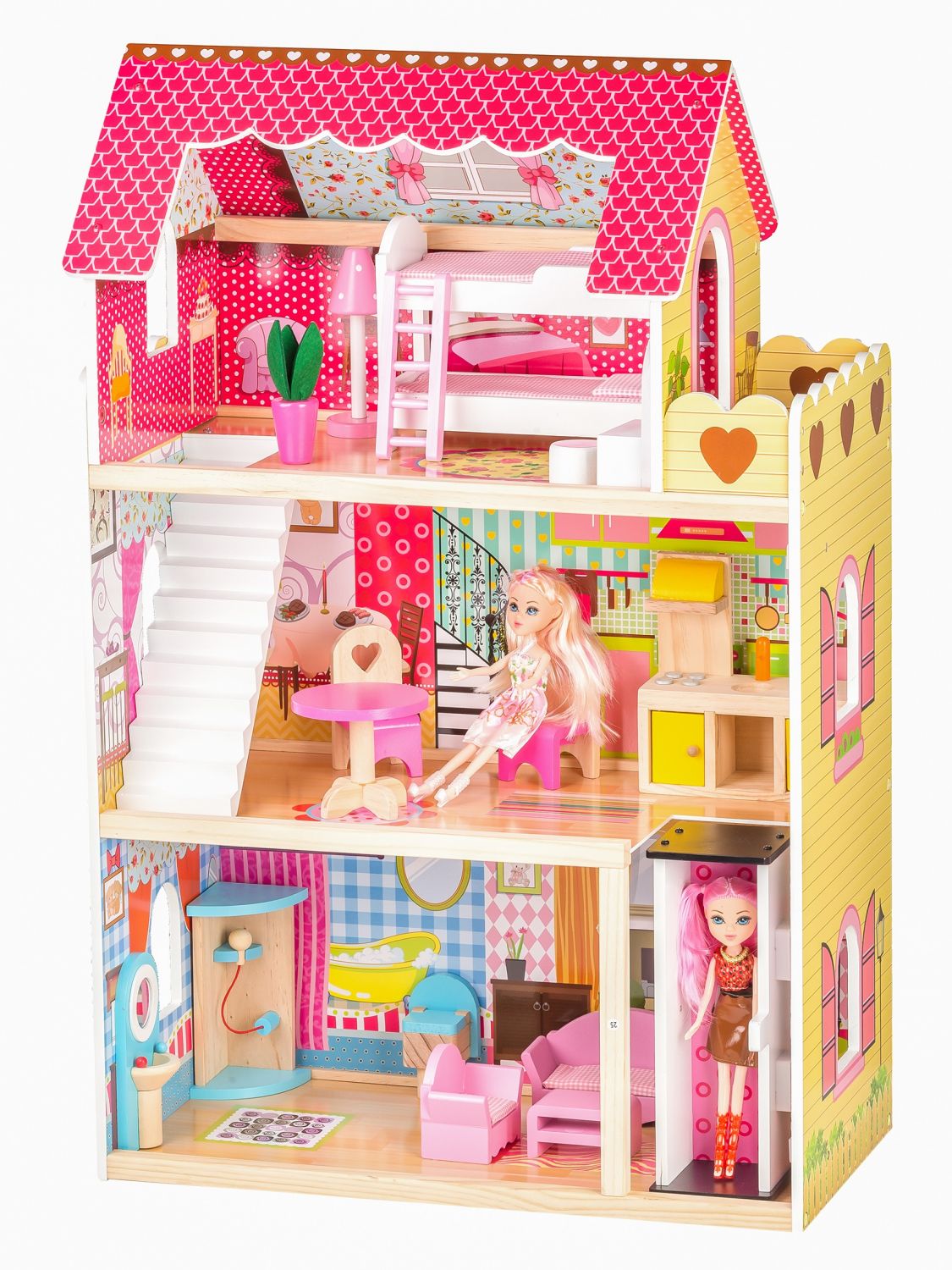 Casuta de papusi din lemn cu LIFT idealSTORE, MALIBU RESIDENCE DOLL, Dimensiuni 90 x 59 x 33 cm, 3 nivele independente cu un total de 5 camere, Include 16 piese de mobilier si 2 papusi, Toate intr-un decor de poveste