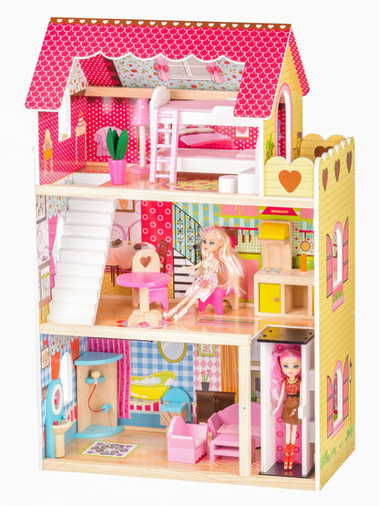 Casuta de papusi din lemn cu LIFT idealSTORE, MALIBU RESIDENCE DOLL, Dimensiuni 90 x 59 x 33 cm, 3 nivele independente cu un total de 5 camere, Include 16 piese de mobilier si 2 papusi, Toate intr-un decor de poveste
