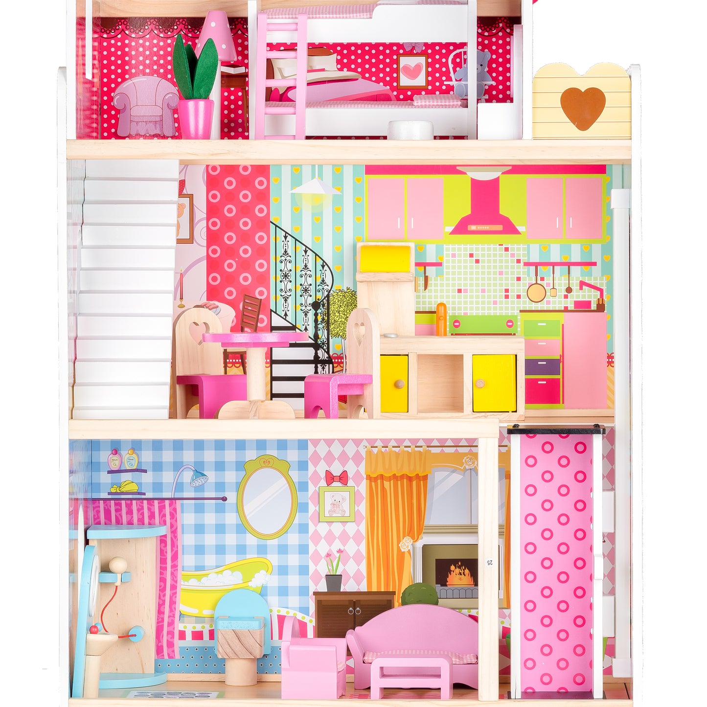 Casuta de papusi din lemn cu LIFT idealSTORE, MALIBU RESIDENCE DOLL, Dimensiuni 90 x 59 x 33 cm, 3 nivele independente cu un total de 5 camere, Include 16 piese de mobilier si 2 papusi, Toate intr-un decor de poveste