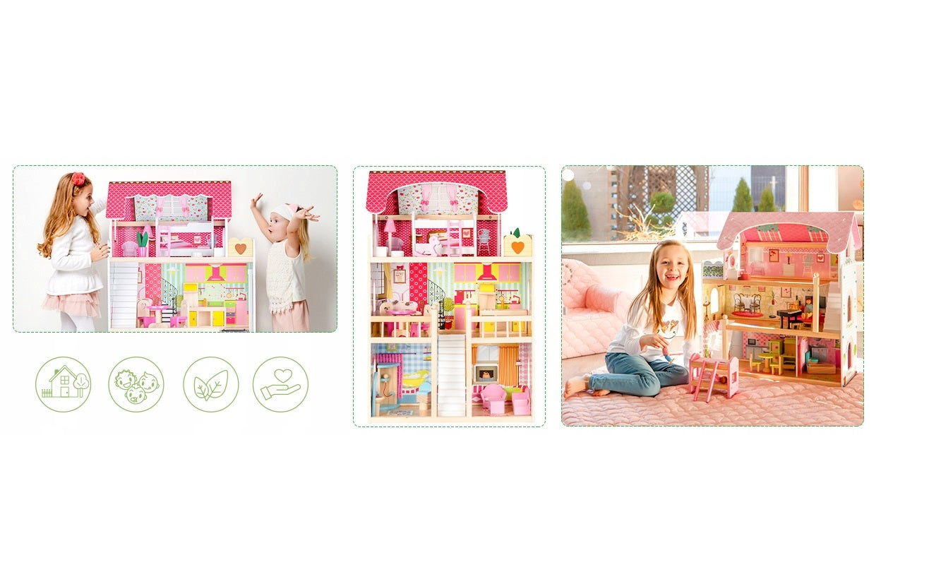 Casuta de papusi din lemn cu LIFT idealSTORE, MALIBU RESIDENCE DOLL, Dimensiuni 90 x 59 x 33 cm, 3 nivele independente cu un total de 5 camere, Include 16 piese de mobilier si 2 papusi, Toate intr-un decor de poveste