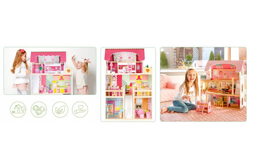 Casuta de papusi din lemn cu LIFT idealSTORE, MALIBU RESIDENCE DOLL, Dimensiuni 90 x 59 x 33 cm, 3 nivele independente cu un total de 5 camere, Include 16 piese de mobilier si 2 papusi, Toate intr-un decor de poveste