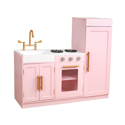 Bucatarie din lemn Hello Kitty idealSTORE, Dimensiuni 84 x 30 x 91 cm, Material MDF, Cu lumini LED, Ideala pentru un inceput in domeniul culinar, Chiuveta detasabila, Aragaz si Cuptor, Dezvolta imaginatia, Culoare Roz