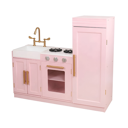 Bucatarie din lemn Hello Kitty idealSTORE, Dimensiuni 84 x 30 x 91 cm, Material MDF, Cu lumini LED, Ideala pentru un inceput in domeniul culinar, Chiuveta detasabila, Aragaz si Cuptor, Dezvolta imaginatia, Culoare Roz