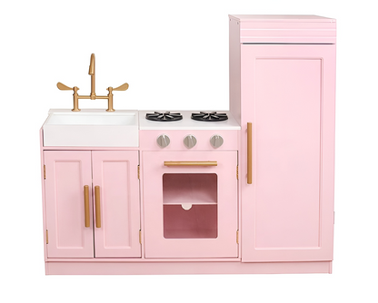 Bucatarie din lemn Hello Kitty idealSTORE, Dimensiuni 84 x 30 x 91 cm, Material MDF, Cu lumini LED, Ideala pentru un inceput in domeniul culinar, Chiuveta detasabila, Aragaz si Cuptor, Dezvolta imaginatia, Culoare Roz