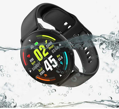 Ceas Smartwatch si Bratara Fitness FutureFocus IdealSTORE, Ecran tactil LCD complet rotund 1,3 inch, IP67, Monitorizare ritm cardiac,, Tensiune Arteriala, Incarcare Wireless, Functie MultiSport, Compatibil cu Android si IOS, Negru