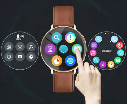 Ceas Smartwatch si Bratara Fitness FutureFocus IdealSTORE, Ecran tactil LCD complet rotund 1,3 inch, IP67, Monitorizare ritm cardiac,, Tensiune Arteriala, Incarcare Wireless, Functie MultiSport, Compatibil cu Android si IOS, Maro