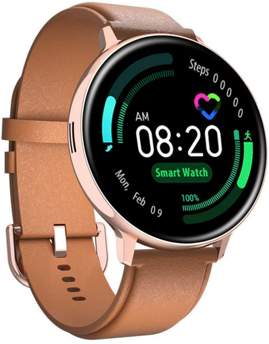 Ceas Smartwatch si Bratara Fitness FutureFocus IdealSTORE, Ecran tactil LCD complet rotund 1,3 inch, IP67, Monitorizare ritm cardiac,, Tensiune Arteriala, Incarcare Wireless, Functie MultiSport, Compatibil cu Android si IOS, Maro