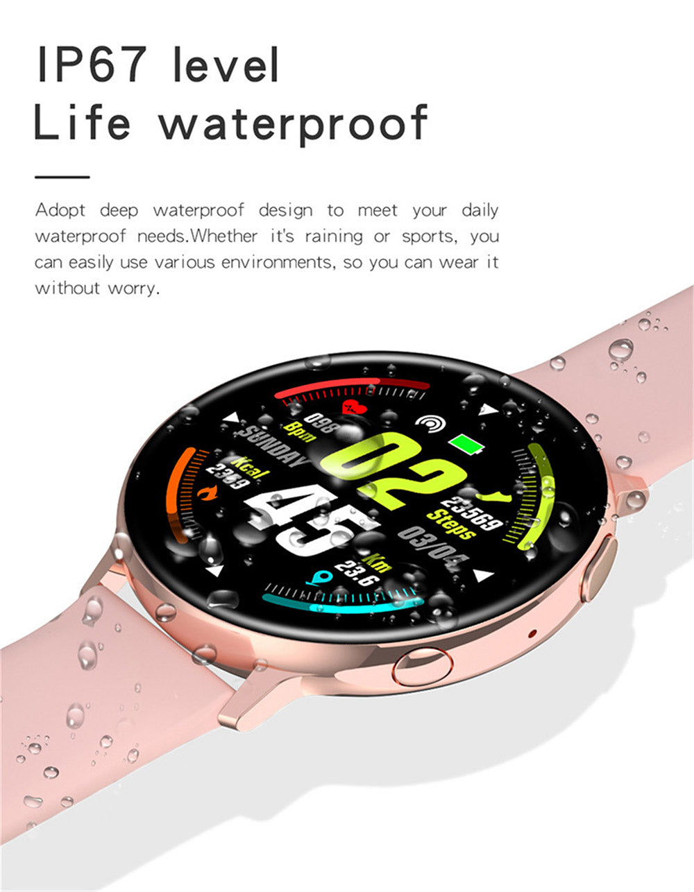 Ceas Smartwatch si Bratara Fitness FutureFocus IdealSTORE, Ecran tactil LCD complet rotund 1,3 inch, IP67, Monitorizare ritm cardiac,, Tensiune Arteriala, Incarcare Wireless, Functie MultiSport, Compatibil cu Android si IOS, Roz