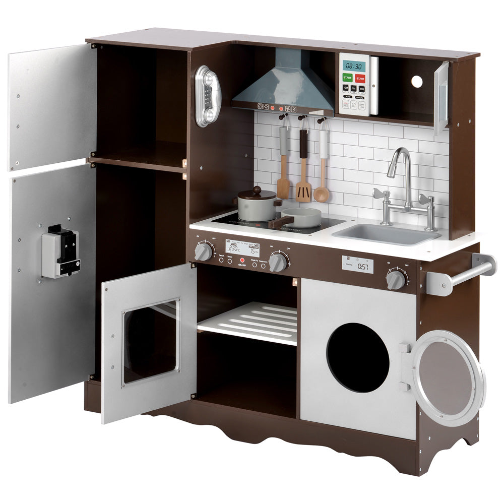 Bucatarie din Lemn Premium pentru copii idealSTORE, Dimensiune 96 x 32 x 93 cm, Material MDF, Compartimentata cu masina de spalat vase, Cuptor, Frigider, Accesorizata cu ustensilele necesare micului bucatar, Brown Edition