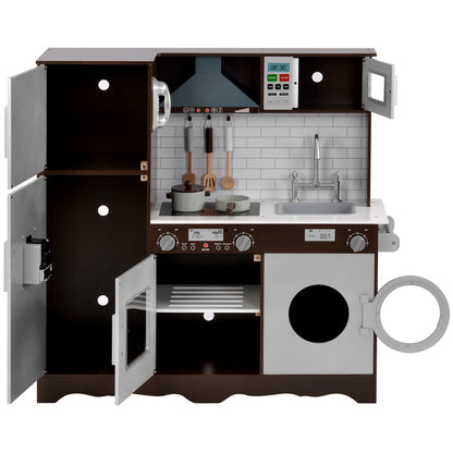 Bucatarie din Lemn Premium pentru copii idealSTORE, Dimensiune 96 x 32 x 93 cm, Material MDF, Compartimentata cu masina de spalat vase, Cuptor, Frigider, Accesorizata cu ustensilele necesare micului bucatar, Brown Edition