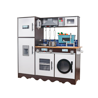 Bucatarie din Lemn Premium pentru copii idealSTORE, Dimensiune 96 x 32 x 93 cm, Material MDF, Compartimentata cu masina de spalat vase, Cuptor, Frigider, Accesorizata cu ustensilele necesare micului bucatar, Brown Edition