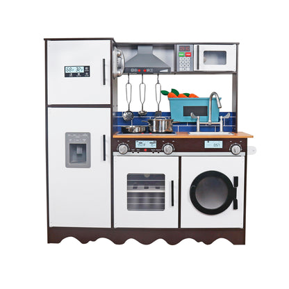 Bucatarie din Lemn Premium pentru copii idealSTORE, Dimensiune 96 x 32 x 93 cm, Material MDF, Compartimentata cu masina de spalat vase, Cuptor, Frigider, Accesorizata cu ustensilele necesare micului bucatar, Brown Edition