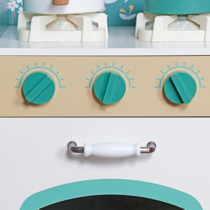 Bucatarie din Lemn Premium pentru copii Chef ideal STORE, Dimensiune 91 x 32 x 90 cm, Material MDF, Compartimentata cu masina de spalat vase si aparat de facut cafea, Accesorizata cu ustensilele necesare micului bucatar, Green Edition