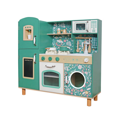 Bucatarie din Lemn Premium pentru copii Chef ideal STORE, Dimensiune 91 x 32 x 90 cm, Material MDF, Compartimentata cu masina de spalat vase si aparat de facut cafea, Accesorizata cu ustensilele necesare micului bucatar, Green Edition