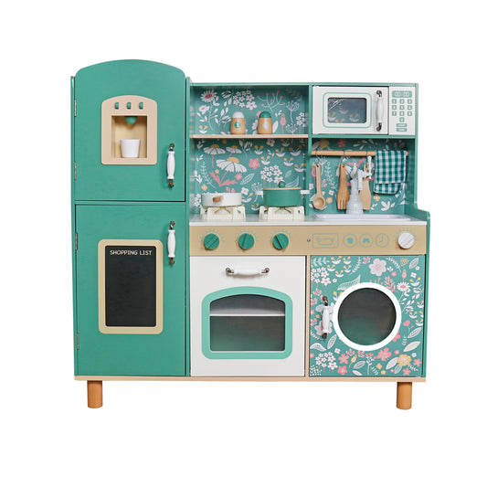 Bucatarie din Lemn Premium pentru copii Chef ideal STORE, Dimensiune 91 x 32 x 90 cm, Material MDF, Compartimentata cu masina de spalat vase si aparat de facut cafea, Accesorizata cu ustensilele necesare micului bucatar, Green Edition