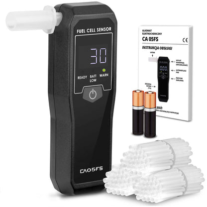 Alcool tester CA05 FS idealSTORE, Include 80 mustiucuri, Senzor electrochimic, Afisaj FND din 3 cifre cu iluminare din spate, Indica descarcarea bateriei, Carcasa durabila, Culoare Negru
