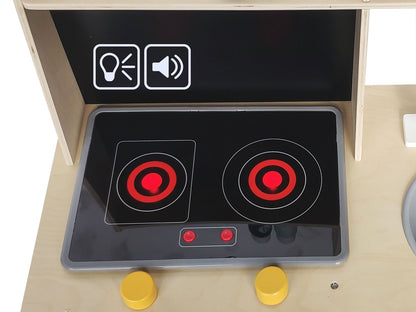 Bucatarie din Lemn cu Tablita de scris idealSTORE HIT KITCHEN LUX, Dimensiuni 78 x 60 x 30 cm, Echipata cu accesorii si ustensile specifice, chiuveta, robinet, cupotor, Combina functii interesante ce dezvolta creativitatea si abilitatile manuale