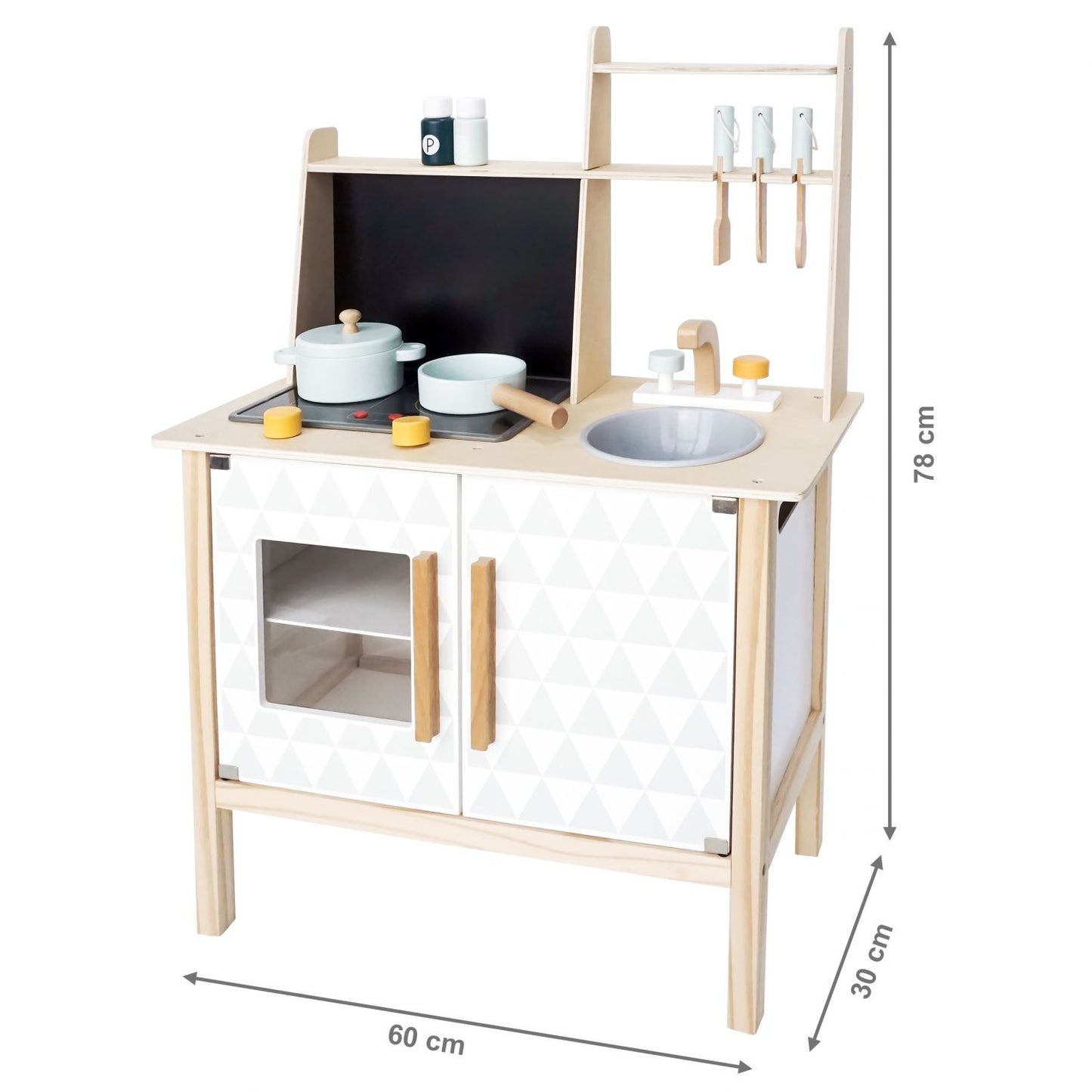 Bucatarie din Lemn cu Tablita de scris idealSTORE HIT KITCHEN LUX, Dimensiuni 78 x 60 x 30 cm, Echipata cu accesorii si ustensile specifice, chiuveta, robinet, cupotor, Combina functii interesante ce dezvolta creativitatea si abilitatile manuale