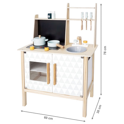 Bucatarie din Lemn cu Tablita de scris idealSTORE HIT KITCHEN LUX, Dimensiuni 78 x 60 x 30 cm, Echipata cu accesorii si ustensile specifice, chiuveta, robinet, cupotor, Combina functii interesante ce dezvolta creativitatea si abilitatile manuale