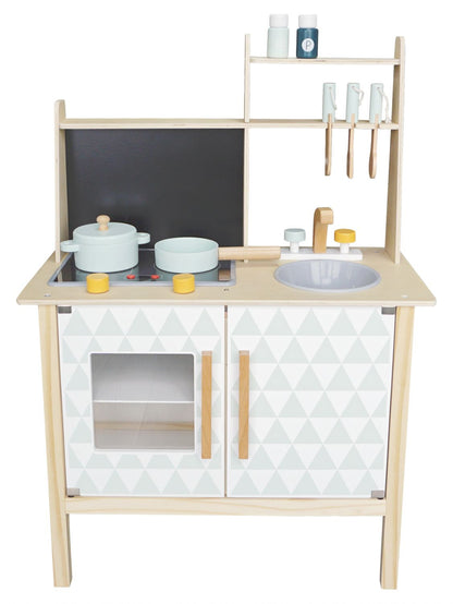 Bucatarie din Lemn cu Tablita de scris idealSTORE HIT KITCHEN LUX, Dimensiuni 78 x 60 x 30 cm, Echipata cu accesorii si ustensile specifice, chiuveta, robinet, cupotor, Combina functii interesante ce dezvolta creativitatea si abilitatile manuale