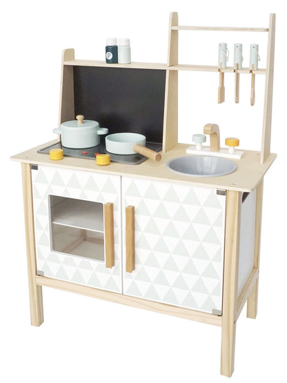 Bucatarie din Lemn cu Tablita de scris idealSTORE HIT KITCHEN LUX, Dimensiuni 78 x 60 x 30 cm, Echipata cu accesorii si ustensile specifice, chiuveta, robinet, cupotor, Combina functii interesante ce dezvolta creativitatea si abilitatile manuale