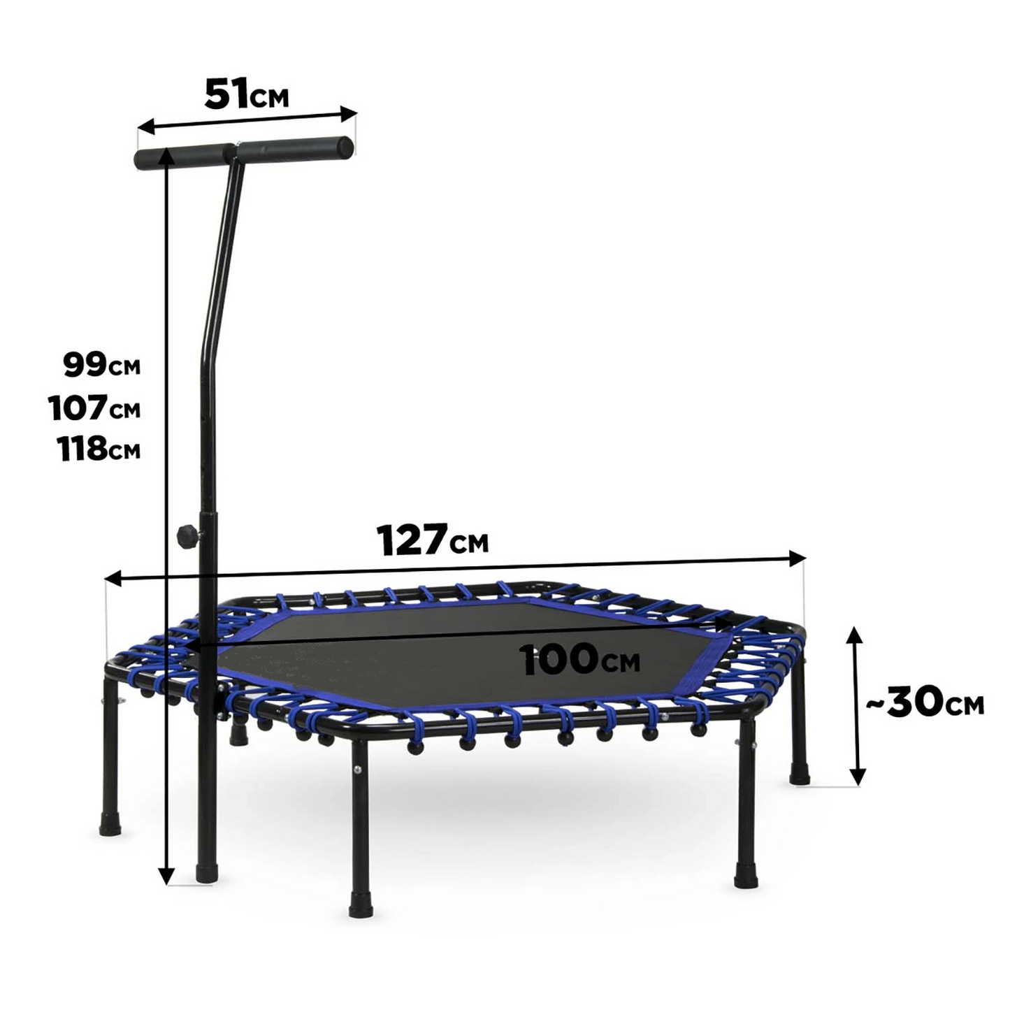 Trambulina fitness CardioTramp IdealStore FREE THE JUMP COLLECTION, Perfect Pentru Antrenamente Acasa, Maner Reglabil, Forma Hexagonala, 6 picioare, Diametru 127 cm, Sarcina 100 kg, Fabricata din Otel, Albastru
