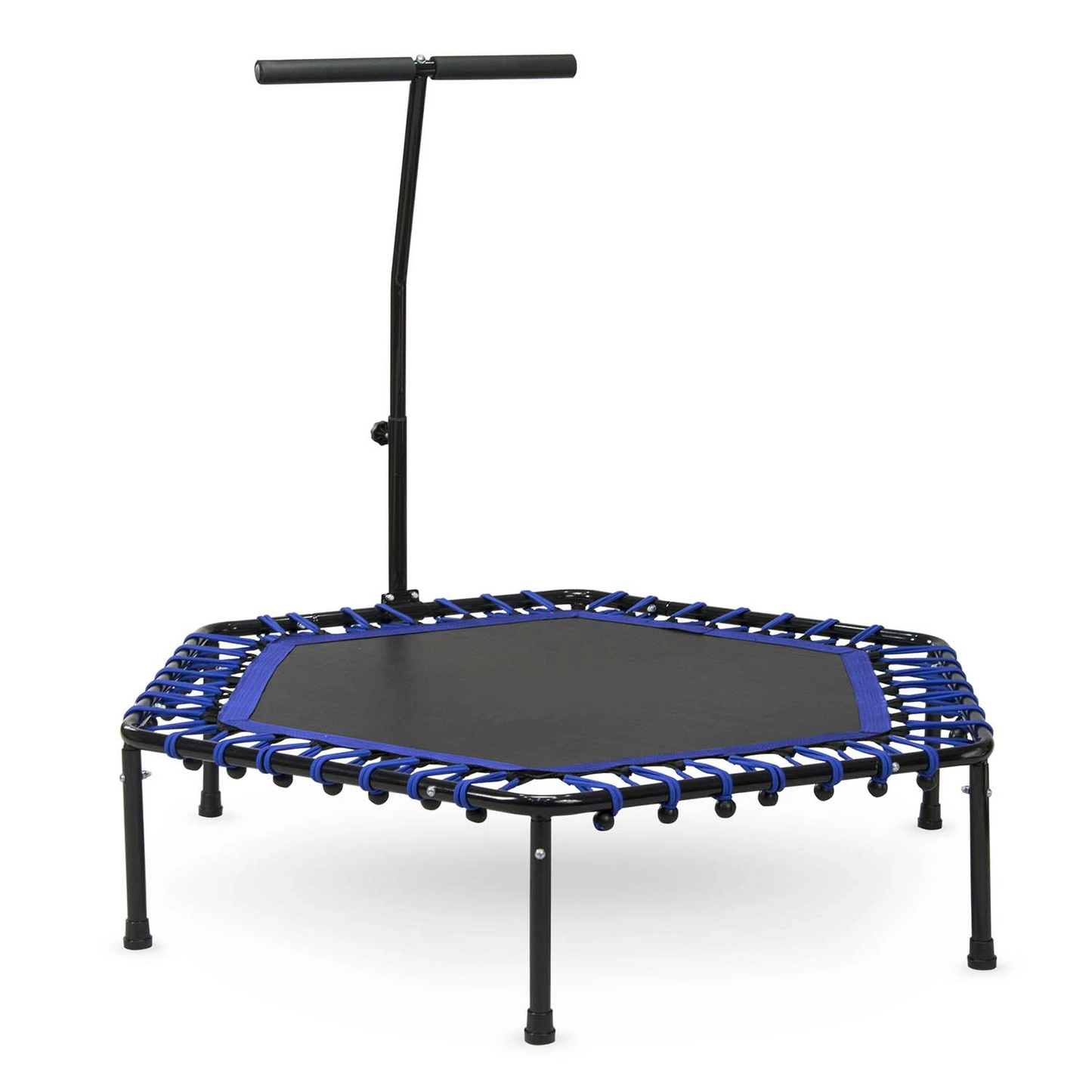 Trambulina fitness CardioTramp IdealStore FREE THE JUMP COLLECTION, Perfect Pentru Antrenamente Acasa, Maner Reglabil, Forma Hexagonala, 6 picioare, Diametru 127 cm, Sarcina 100 kg, Fabricata din Otel, Albastru