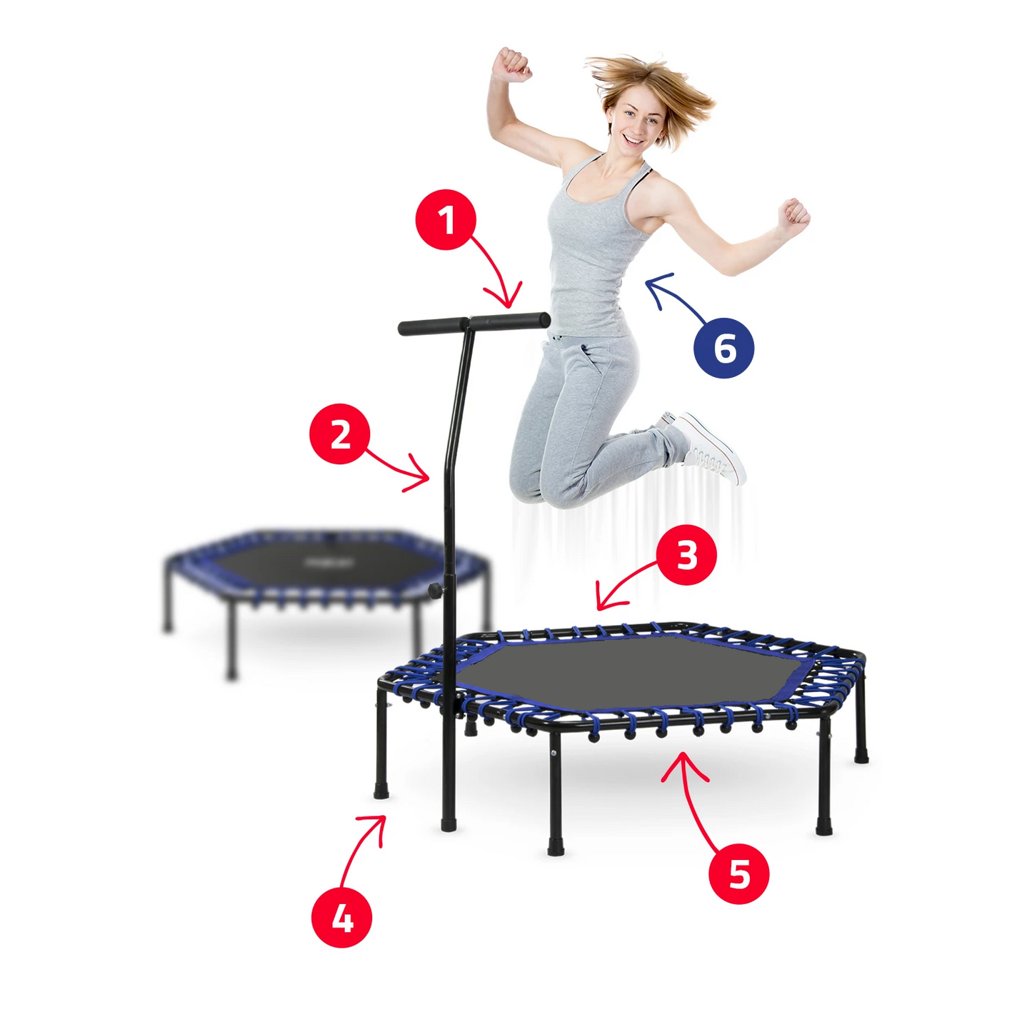 Trambulina fitness CardioTramp IdealStore FREE THE JUMP COLLECTION, Perfect Pentru Antrenamente Acasa, Maner Reglabil, Forma Hexagonala, 6 picioare, Diametru 127 cm, Sarcina 100 kg, Fabricata din Otel, Albastru