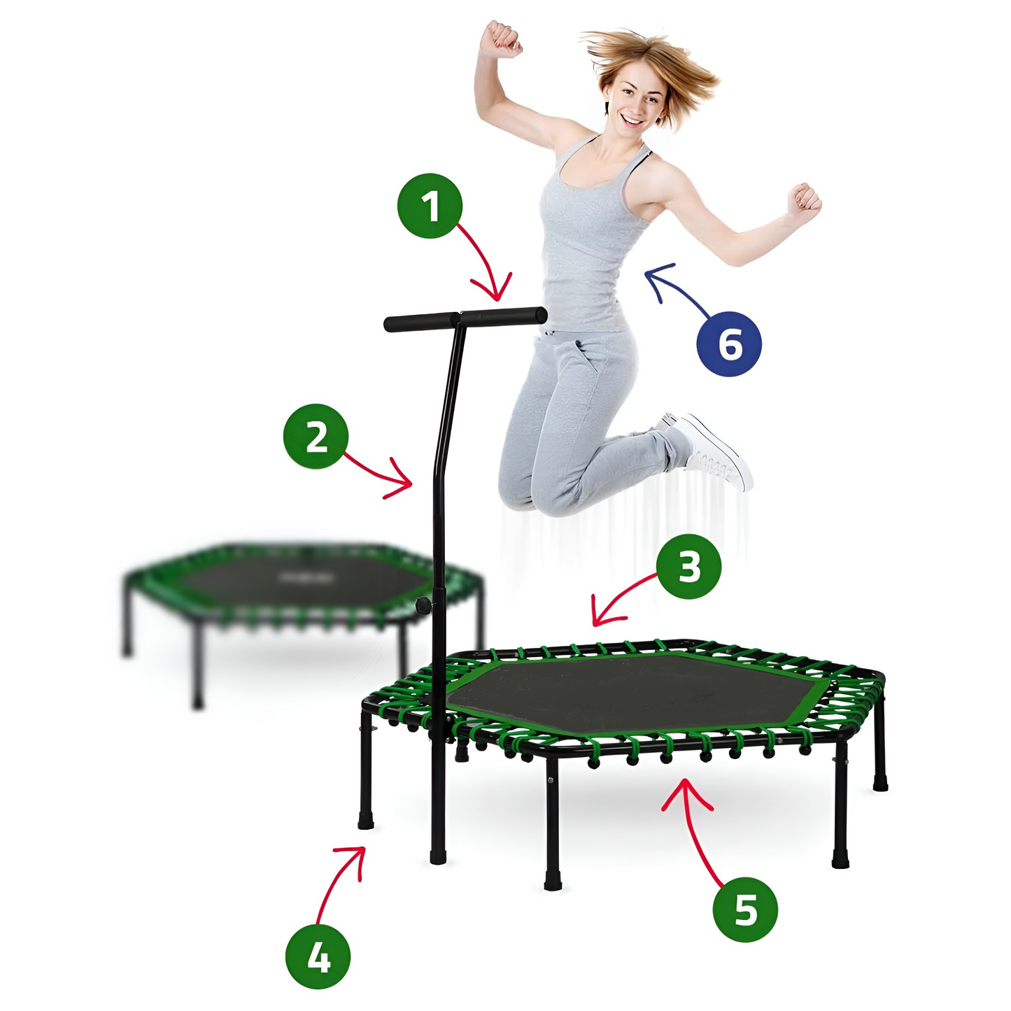 Trambulina fitness CardioTramp IdealStore FREE THE JUMP COLLECTION, Perfect Pentru Antrenamente Acasa, Maner Reglabil, Forma Hexagonala, 6 picioare, Diametru 127 cm, Sarcina 100 kg, Fabricata din Otel, Verde