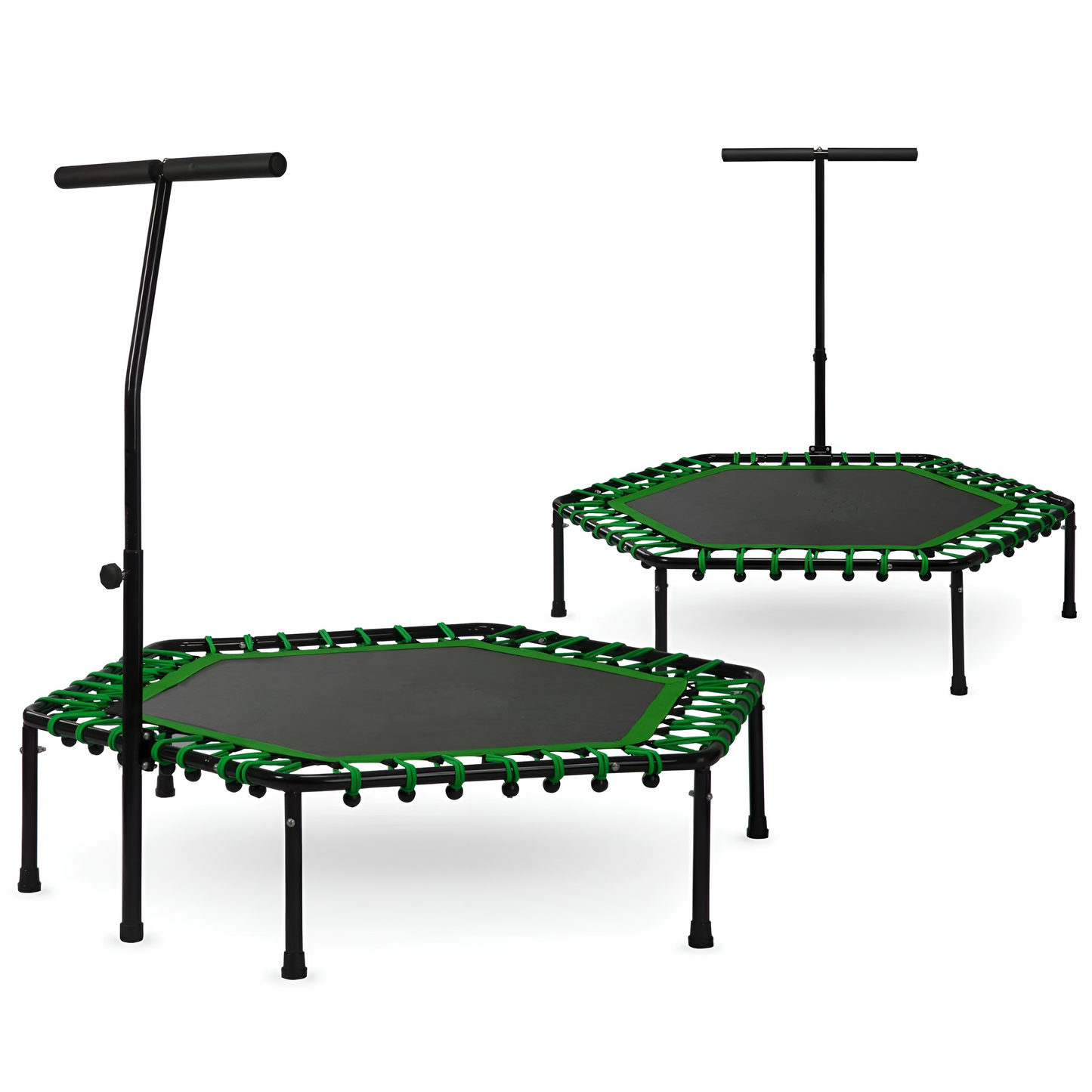 Trambulina fitness CardioTramp IdealStore FREE THE JUMP COLLECTION, Perfect Pentru Antrenamente Acasa, Maner Reglabil, Forma Hexagonala, 6 picioare, Diametru 127 cm, Sarcina 100 kg, Fabricata din Otel, Verde