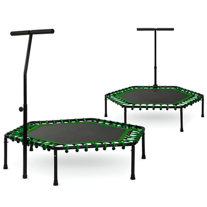 Trambulina fitness CardioTramp IdealStore FREE THE JUMP COLLECTION, Perfect Pentru Antrenamente Acasa, Maner Reglabil, Forma Hexagonala, 6 picioare, Diametru 127 cm, Sarcina 100 kg, Fabricata din Otel, Verde