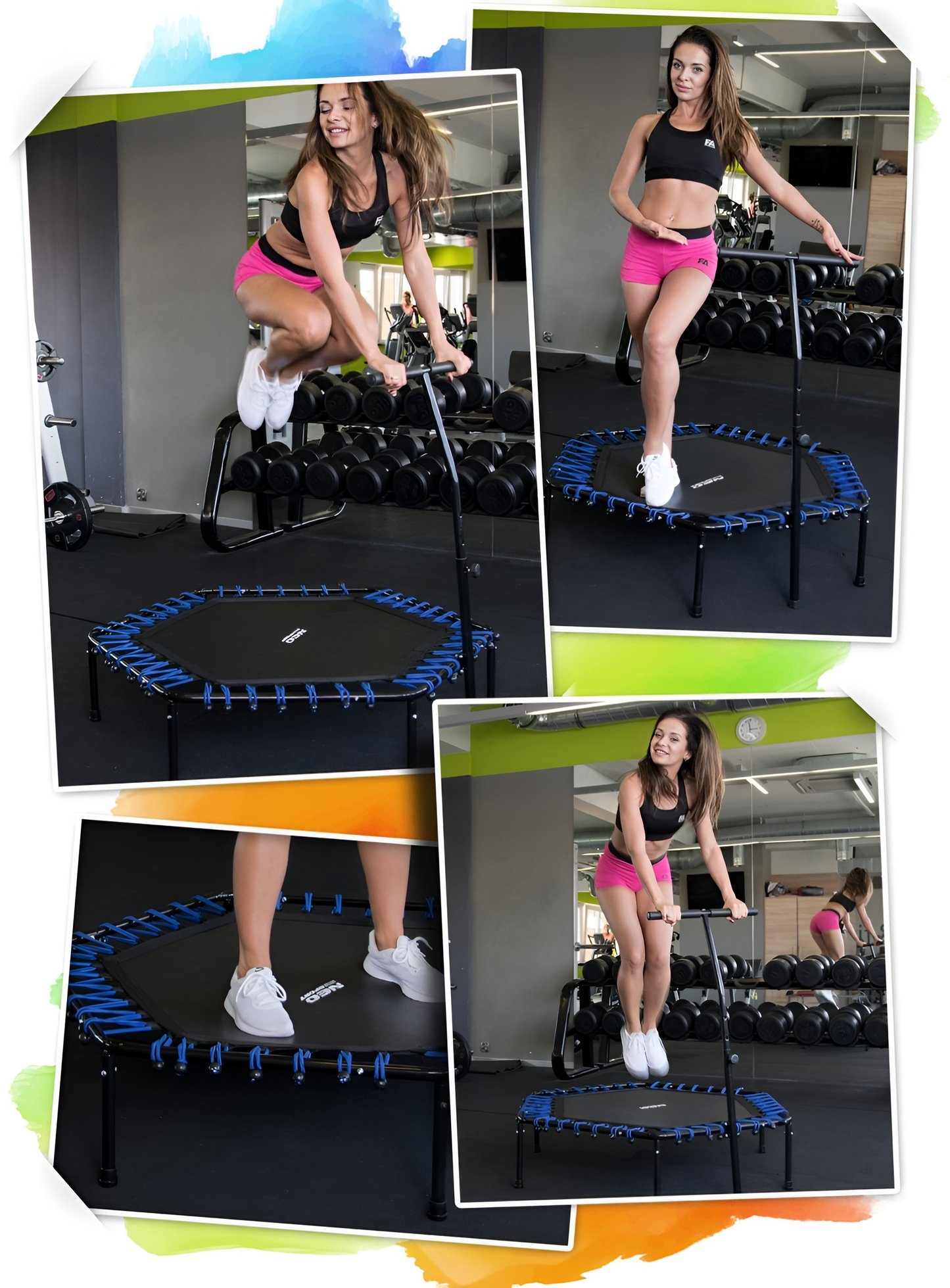 Trambulina fitness CardioTramp IdealStore FREE THE JUMP COLLECTION, Perfect Pentru Antrenamente Acasa, Maner Reglabil, Forma Hexagonala, 6 picioare, Diametru 127 cm, Sarcina 100 kg, Fabricata din Otel, Verde