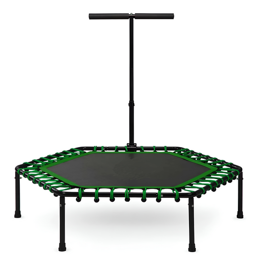 Trambulina fitness CardioTramp IdealStore FREE THE JUMP COLLECTION, Perfect Pentru Antrenamente Acasa, Maner Reglabil, Forma Hexagonala, 6 picioare, Diametru 127 cm, Sarcina 100 kg, Fabricata din Otel, Verde