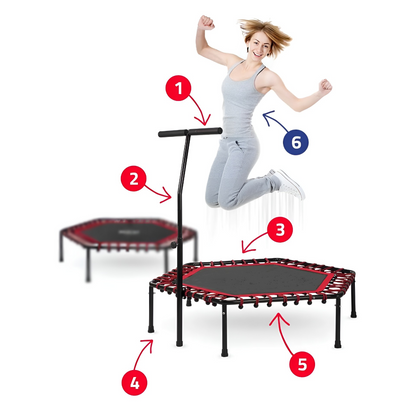 Trambulina fitness CardioTramp IdealStore FREE THE JUMP COLLECTION, Perfect Pentru Antrenamente Acasa, Maner Reglabil, Forma Hexagonala, 6 picioare, Diametru 127 cm, Sarcina 100 kg, Fabricata din Otel, Rosu