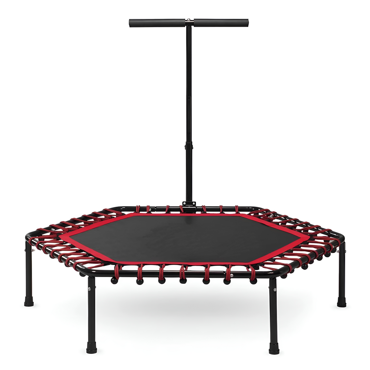 Trambulina fitness CardioTramp IdealStore FREE THE JUMP COLLECTION, Perfect Pentru Antrenamente Acasa, Maner Reglabil, Forma Hexagonala, 6 picioare, Diametru 127 cm, Sarcina 100 kg, Fabricata din Otel, Rosu
