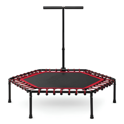 Trambulina fitness CardioTramp IdealStore FREE THE JUMP COLLECTION, Perfect Pentru Antrenamente Acasa, Maner Reglabil, Forma Hexagonala, 6 picioare, Diametru 127 cm, Sarcina 100 kg, Fabricata din Otel, Rosu