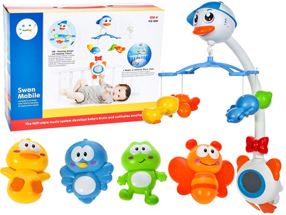 Carusel interactiv idealStore Mama Gasca pentru patutul bebelusului cu 18 melodii si 4 jucarii atasate, Dimensiune 27,5 x 49,0 x 47,0 cm, Clema de fixare rezistenta, Multicolor