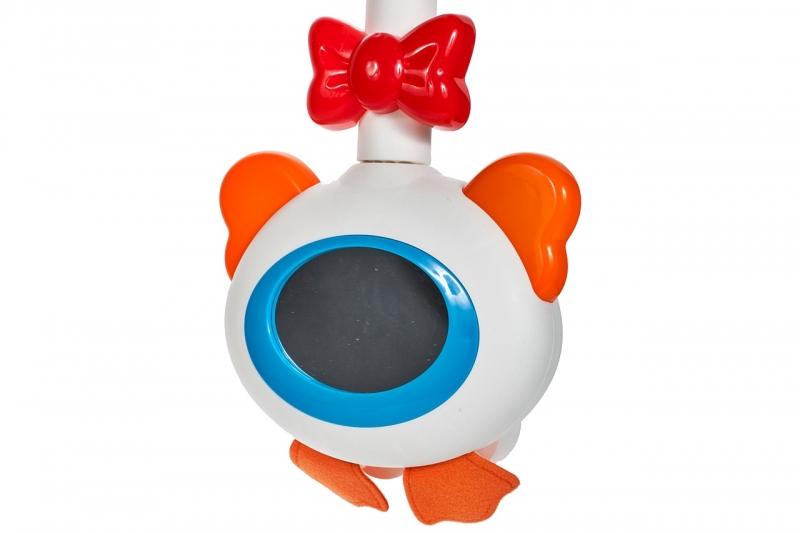 Carusel interactiv idealStore Mama Gasca pentru patutul bebelusului cu 18 melodii si 4 jucarii atasate, Dimensiune 27,5 x 49,0 x 47,0 cm, Clema de fixare rezistenta, Multicolor