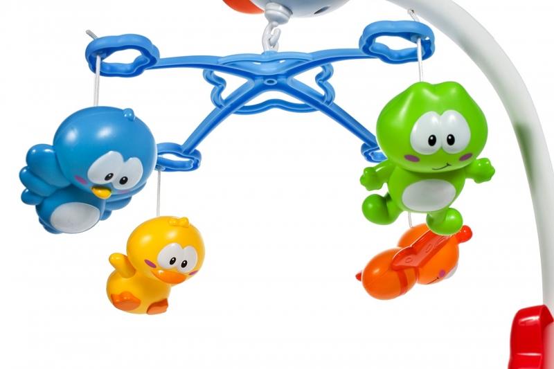 Carusel interactiv idealStore Mama Gasca pentru patutul bebelusului cu 18 melodii si 4 jucarii atasate, Dimensiune 27,5 x 49,0 x 47,0 cm, Clema de fixare rezistenta, Multicolor