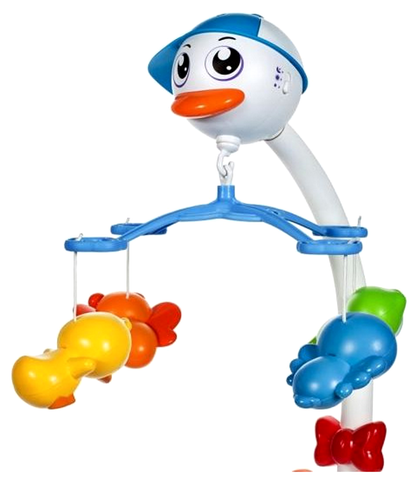 Carusel interactiv idealStore Mama Gasca pentru patutul bebelusului cu 18 melodii si 4 jucarii atasate, Dimensiune 27,5 x 49,0 x 47,0 cm, Clema de fixare rezistenta, Multicolor