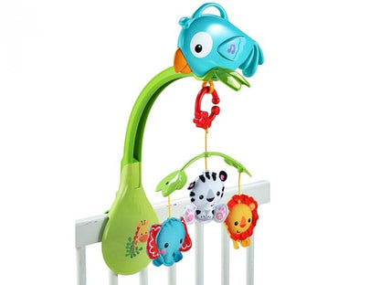 Carusel Interactiv IDL Papagalul Hazliu cu Leu, Zebra, Elefant de plus, 5 Melodii, Dimensiune 27.5x36x7cm, Clema de fixare rezistenta, Multicolor